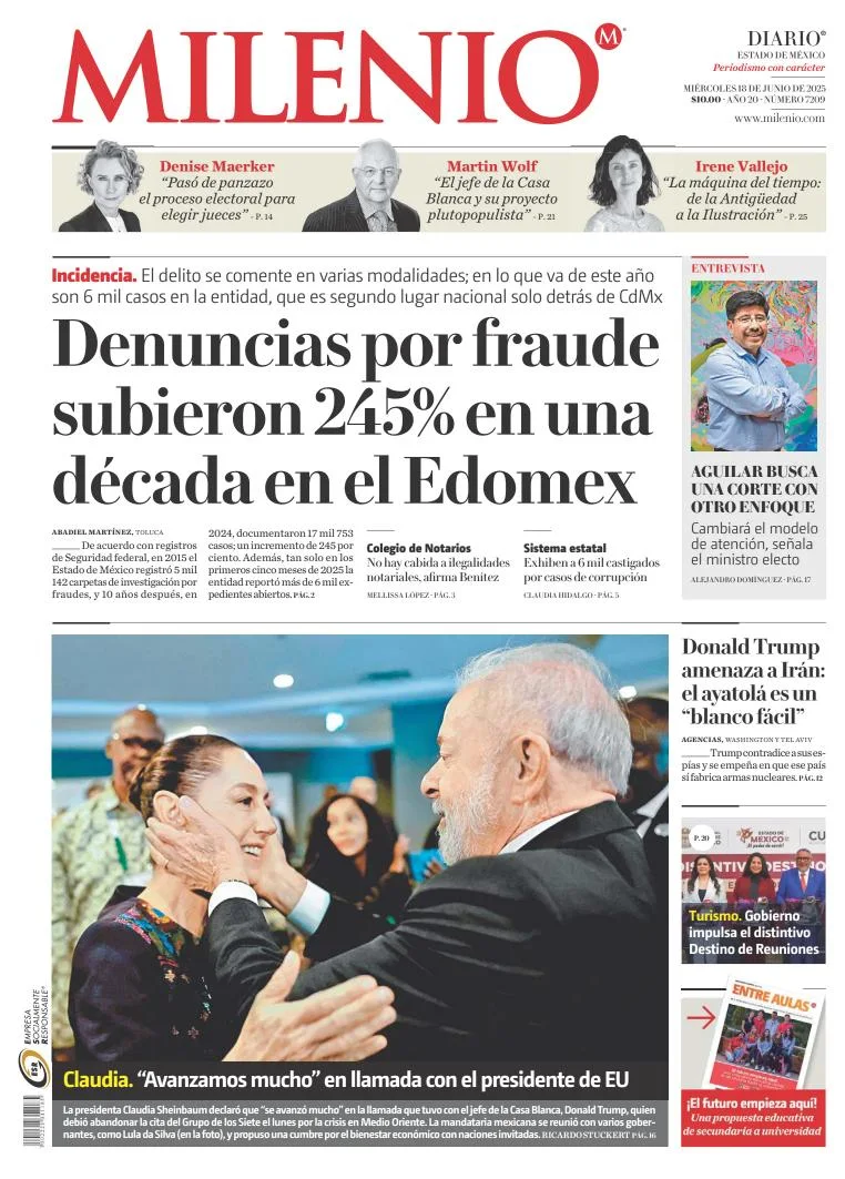 Portada de Milenio Edo de Mexico del miércoles, 18 de junio de 2025