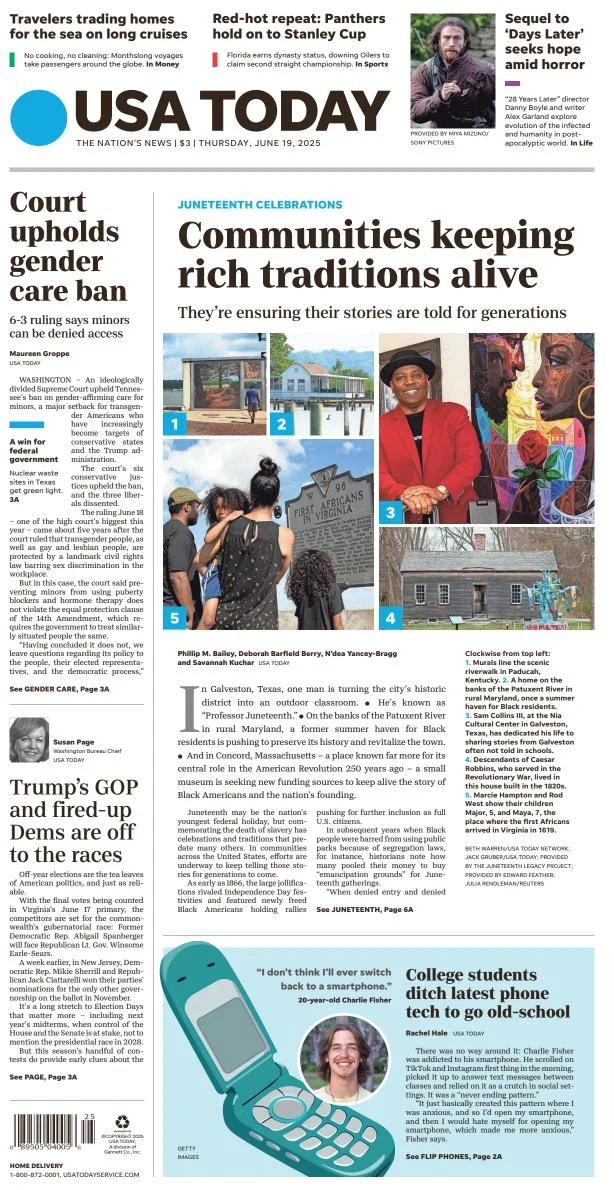 Portada de Usa Today del jueves, 19 de junio de 2025