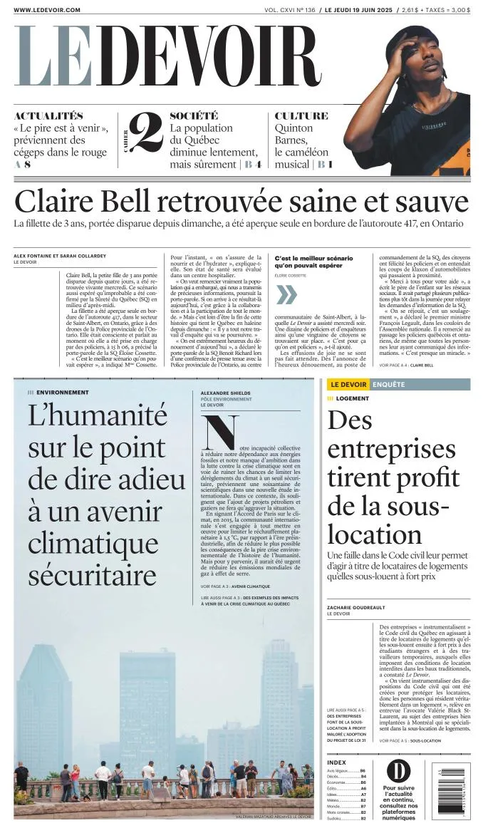 Portada de Le Devoir del jueves, 19 de junio de 2025
