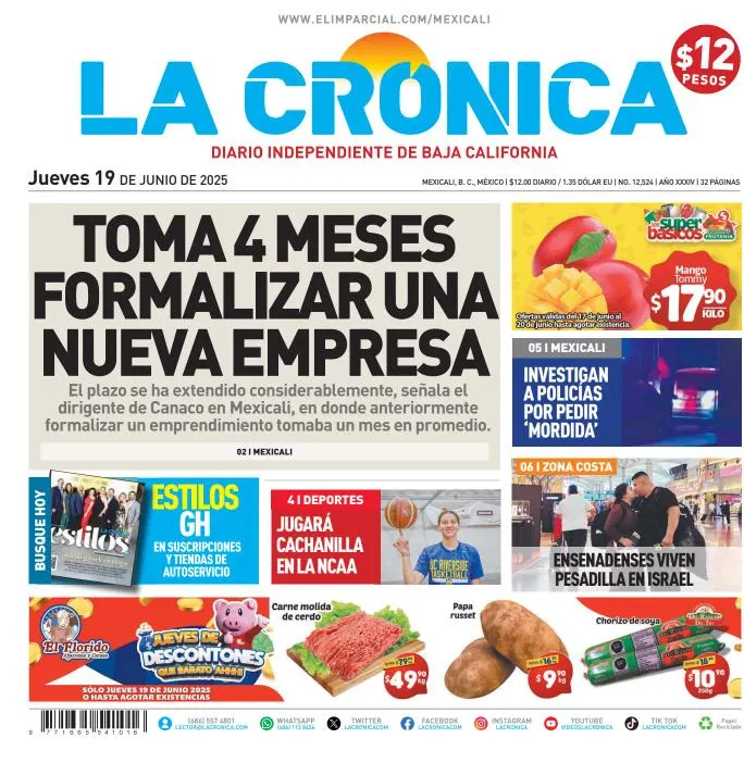 Portada de La Cronica del jueves, 19 de junio de 2025