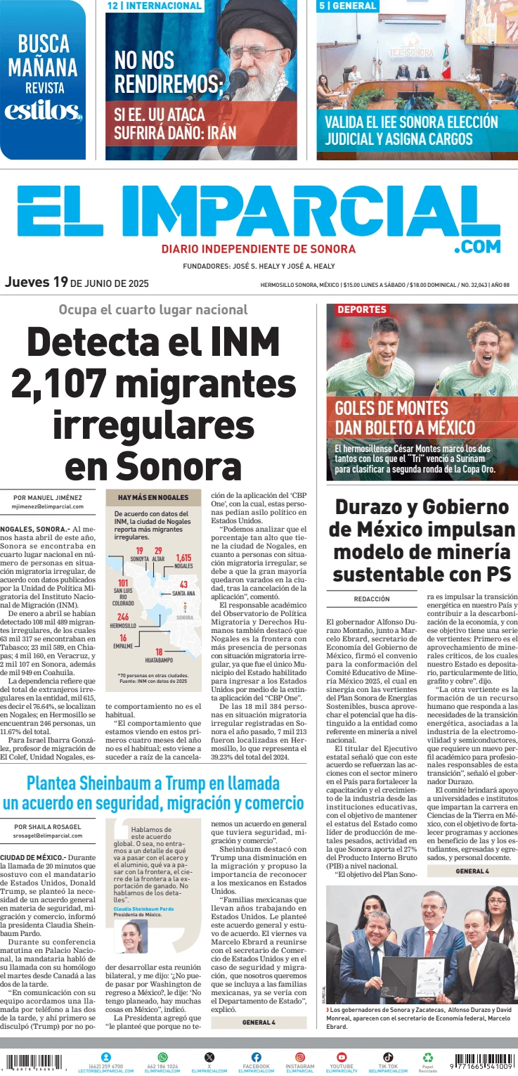 Portada de El Imparcial del jueves, 19 de junio de 2025