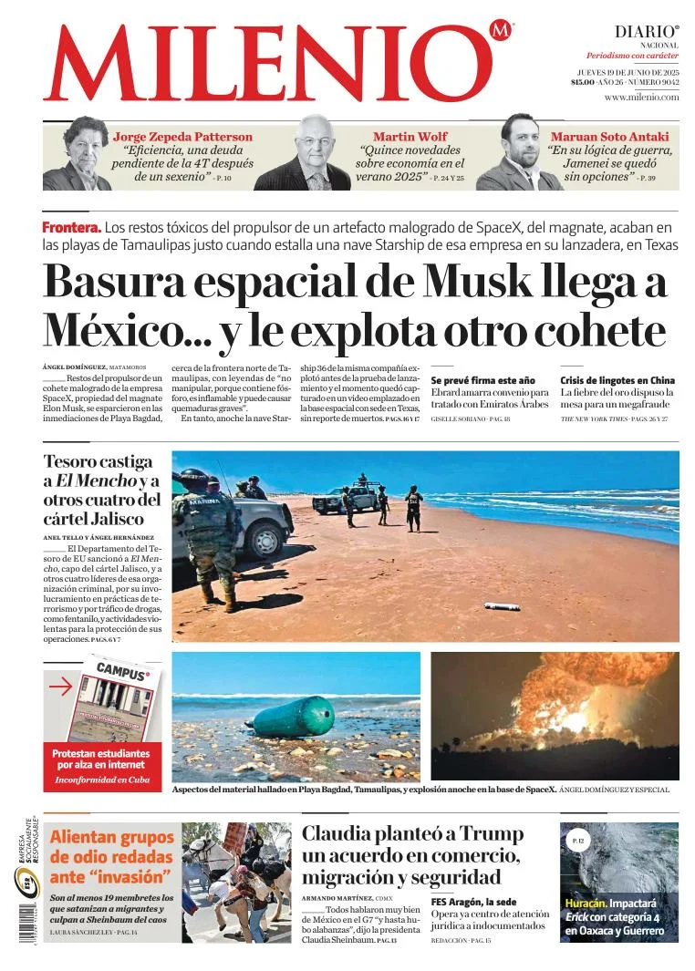 Portada de Milenio del jueves, 19 de junio de 2025