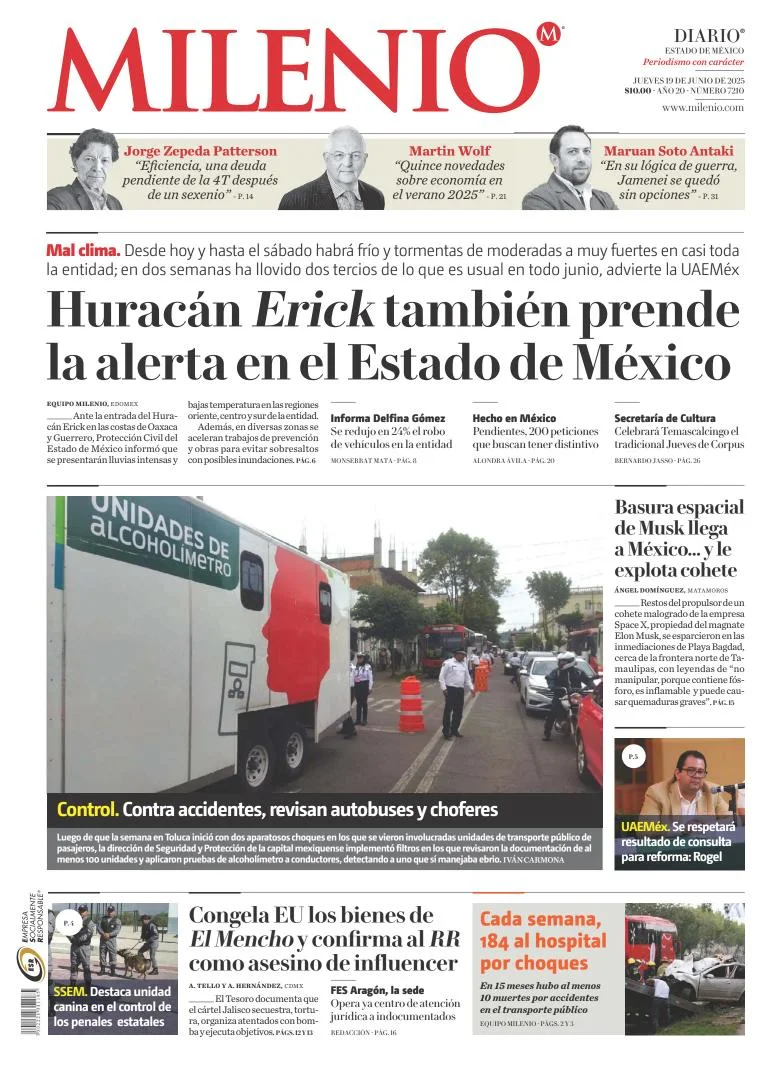 Portada de Milenio Edo de Mexico del jueves, 19 de junio de 2025
