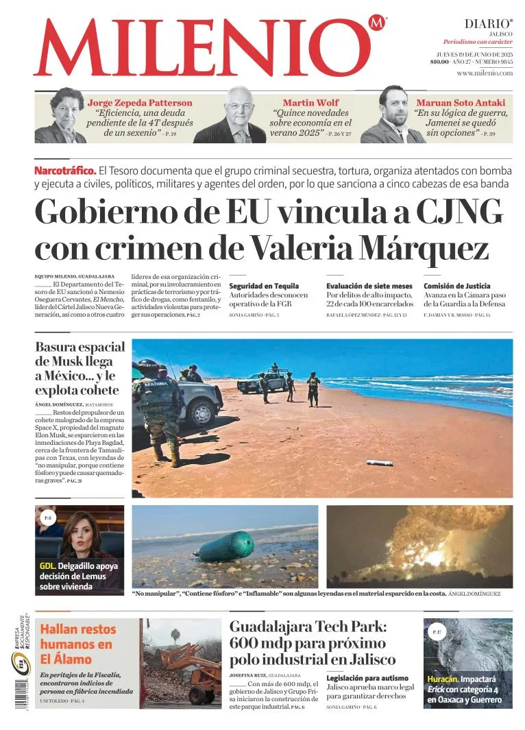 Portada de Milenio Jalisco del jueves, 19 de junio de 2025