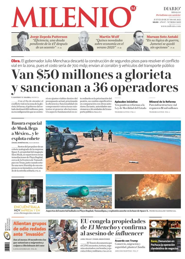 Portada de Milenio Hidalgo del jueves, 19 de junio de 2025