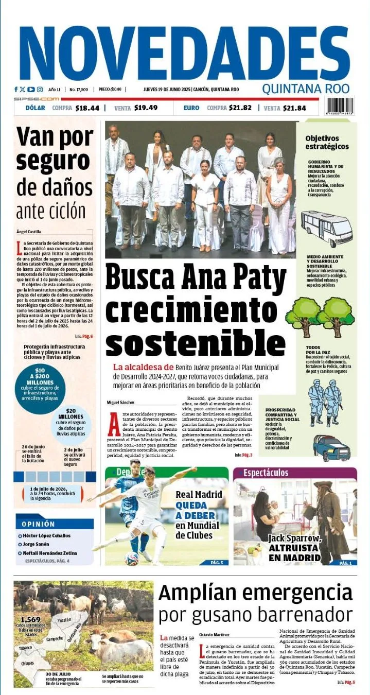 Portada de Novedades Quintana Roo del jueves, 19 de junio de 2025