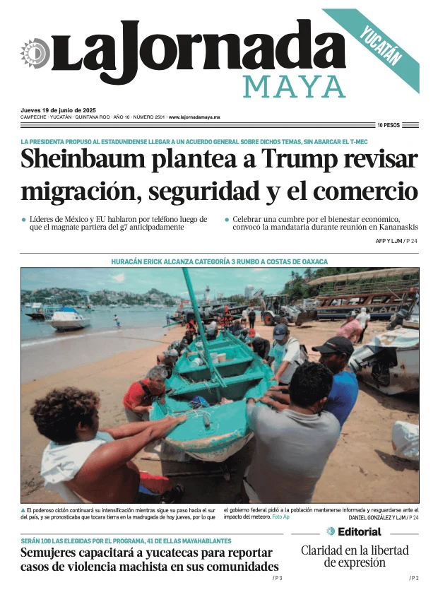 Portada de La Jornada Maya Yucatán del jueves, 19 de junio de 2025