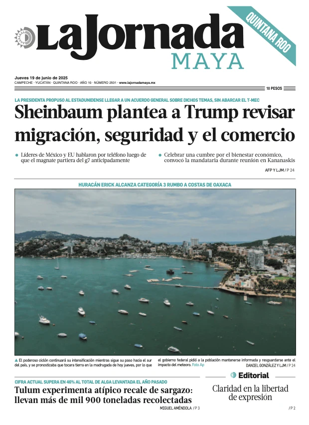 Portada de La Jornada Maya Quintana Roo del jueves, 19 de junio de 2025