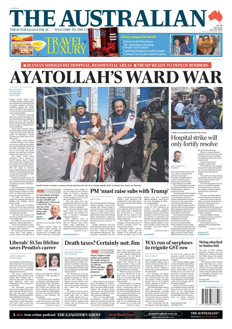 Portada de The Australian del viernes, 20 de junio de 2025