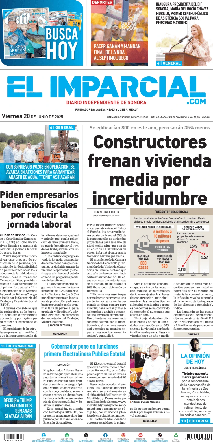 Portada de El Imparcial del viernes, 20 de junio de 2025