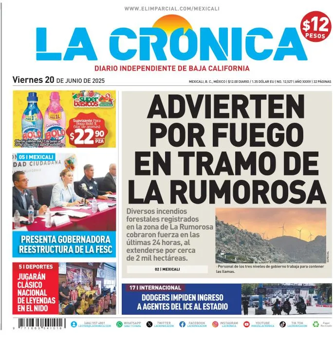 Portada de La Cronica del viernes, 20 de junio de 2025