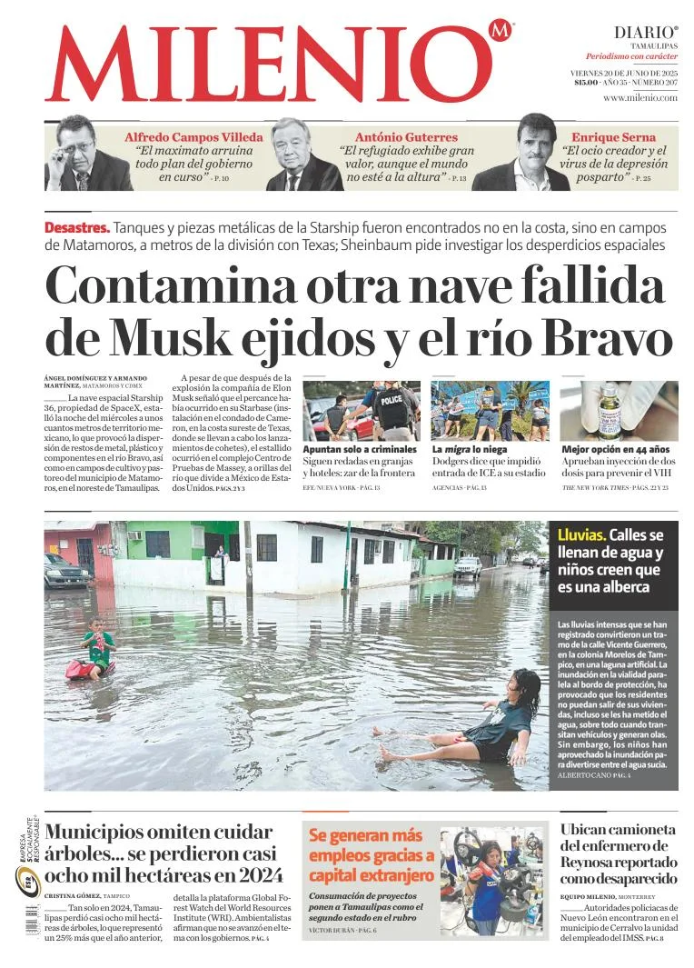 Portada de Milenio Tamaulipas del viernes, 20 de junio de 2025
