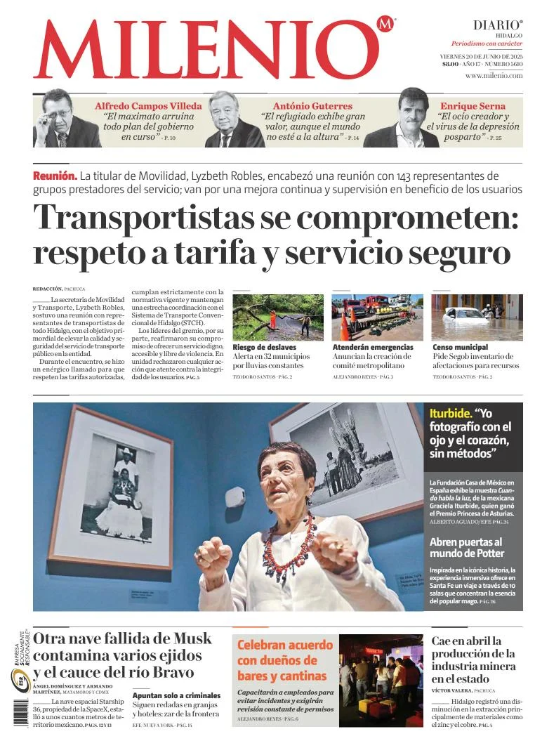 Portada de Milenio Hidalgo del viernes, 20 de junio de 2025