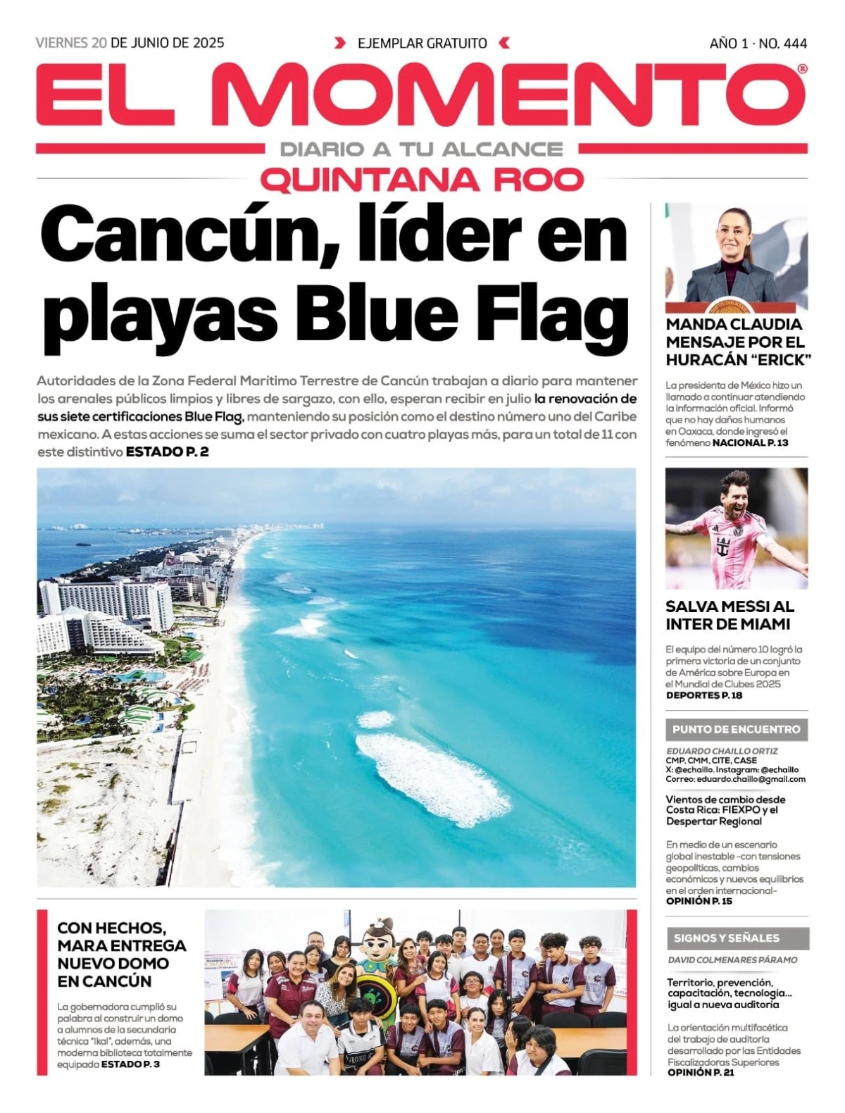 Portada de El Momento Quintana Roo del viernes, 20 de junio de 2025