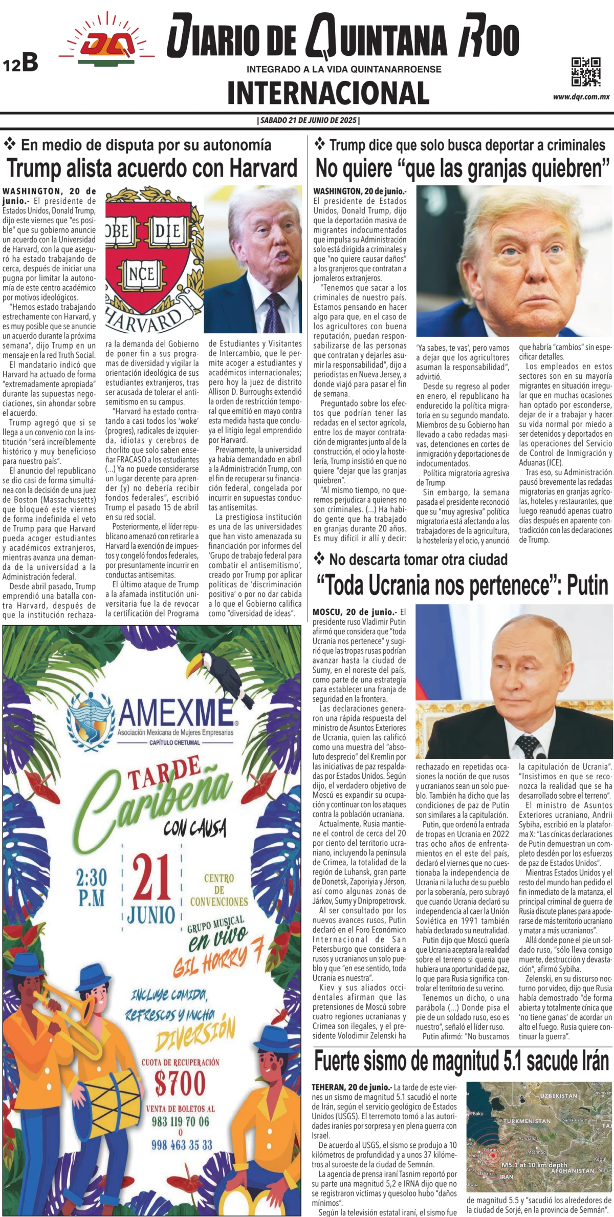 Portada de Diario de Quintana Roo (contra Portada)