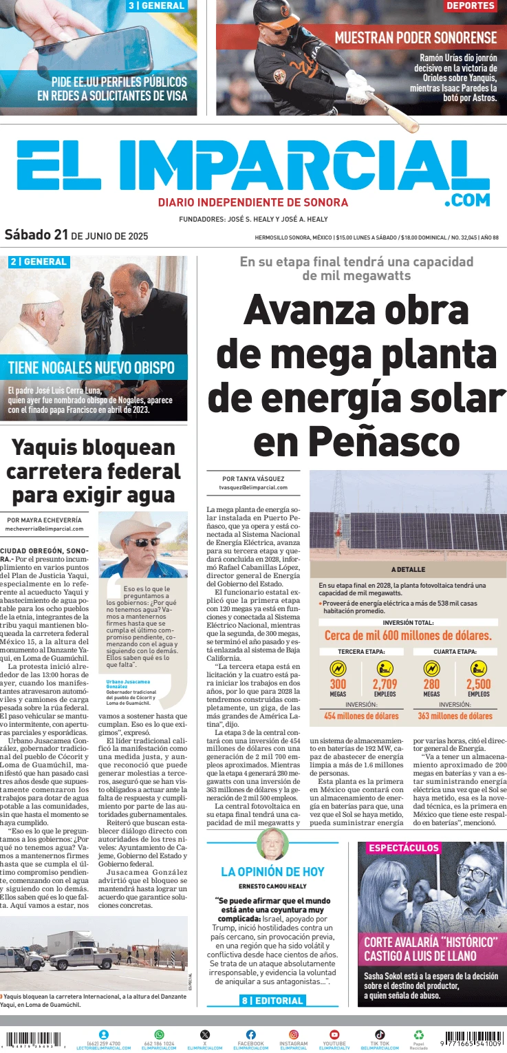 Portada de El Imparcial del sábado, 21 de junio de 2025