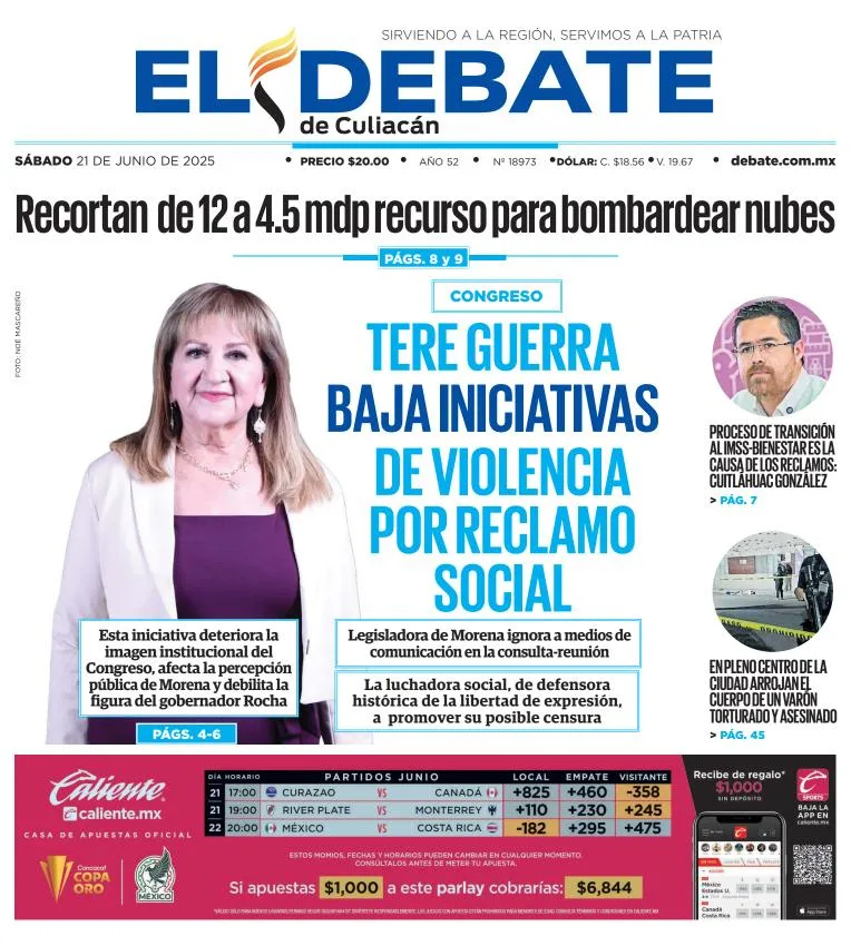 Portada de El Debate de Culiacan del sábado, 21 de junio de 2025