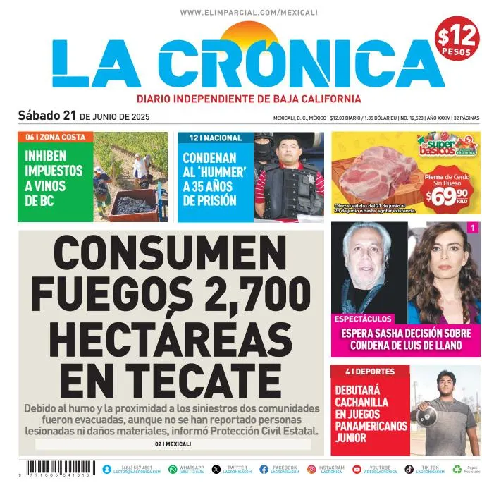Portada de La Cronica del sábado, 21 de junio de 2025