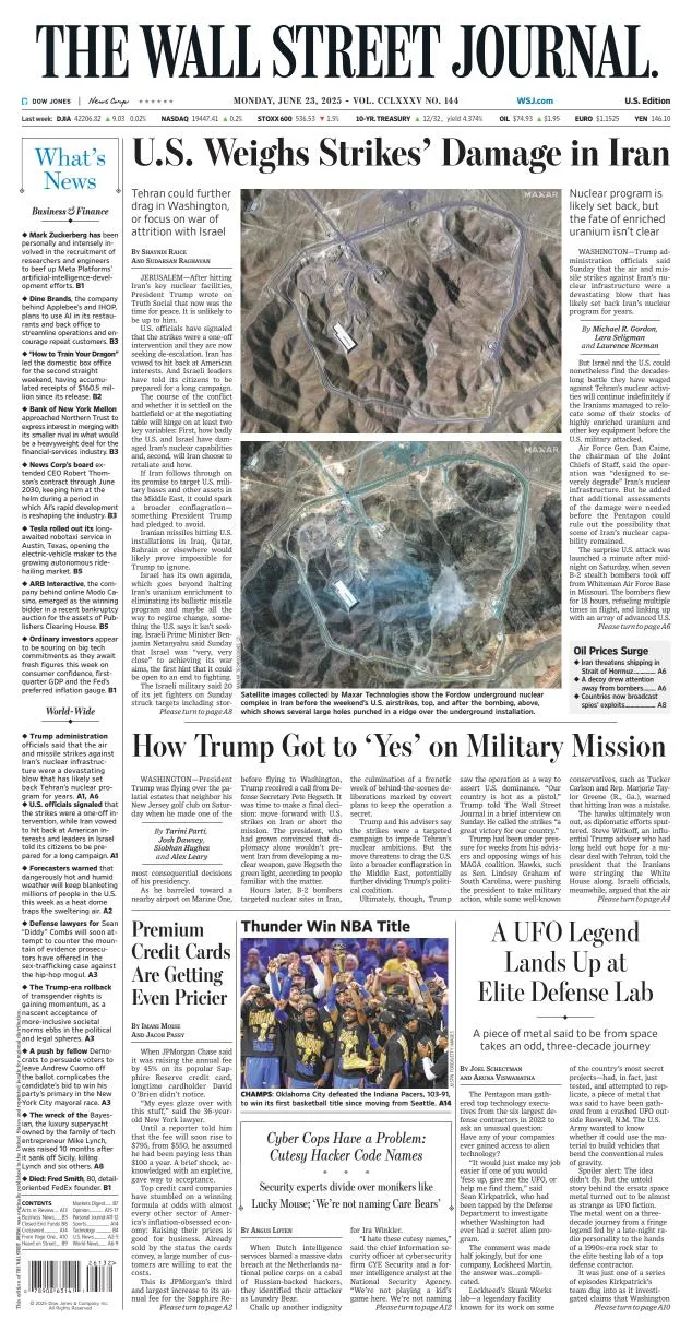 Portada de The Wall Street Journal del lunes, 23 de junio de 2025