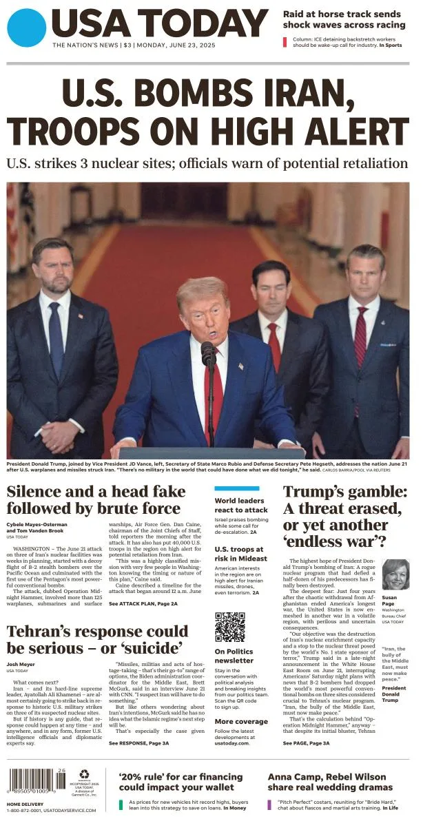 Portada de Usa Today del lunes, 23 de junio de 2025