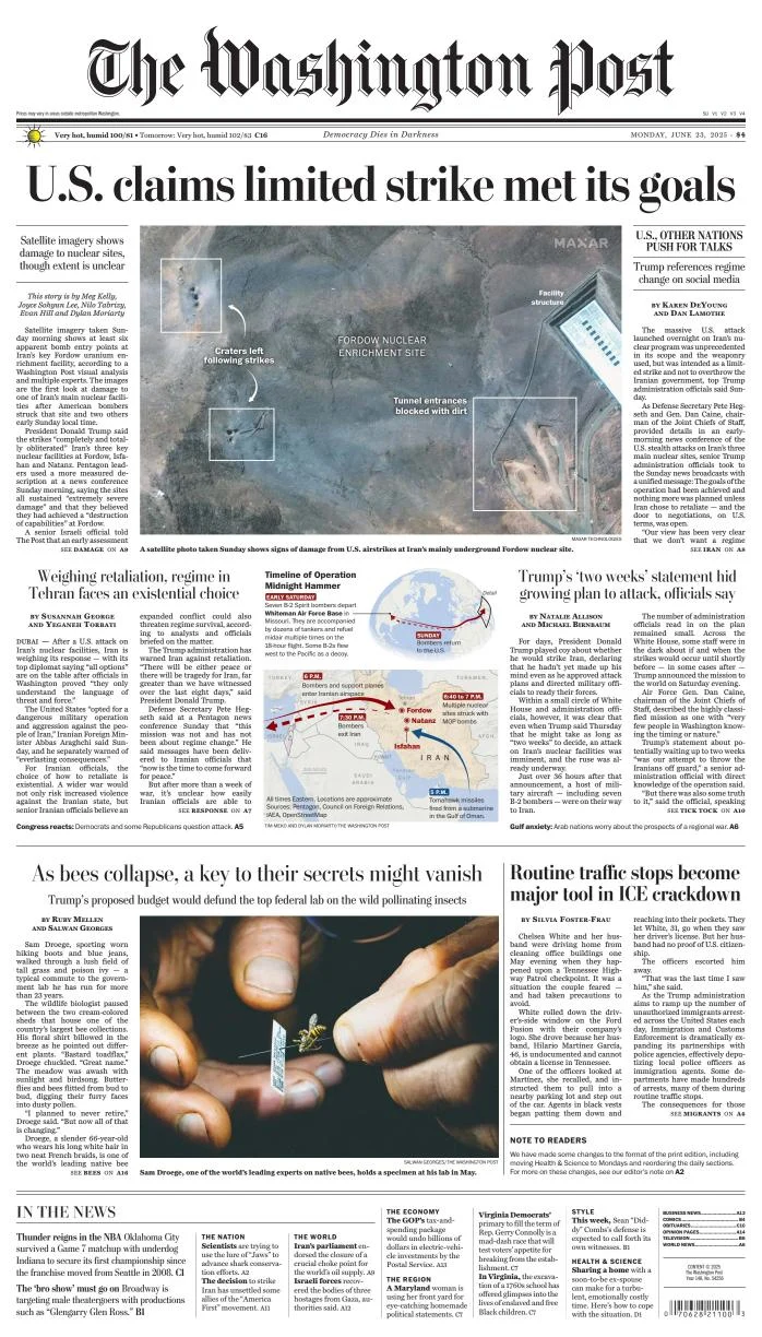 Portada de The Washington Post del lunes, 23 de junio de 2025