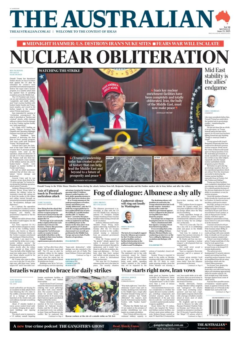 Portada de The Australian del lunes, 23 de junio de 2025