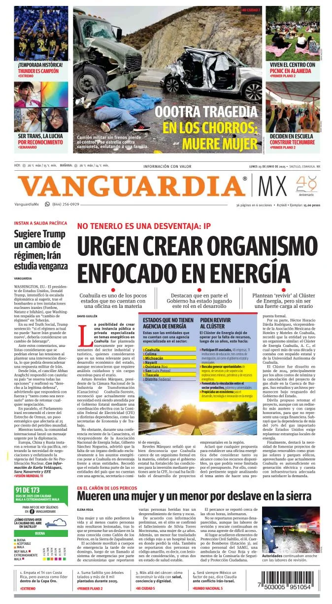 Portada de Vanguardia del lunes, 23 de junio de 2025