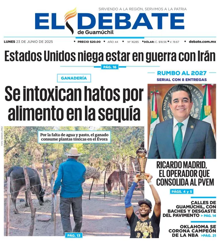 Portada de El Debate de Guamuchil del lunes, 23 de junio de 2025