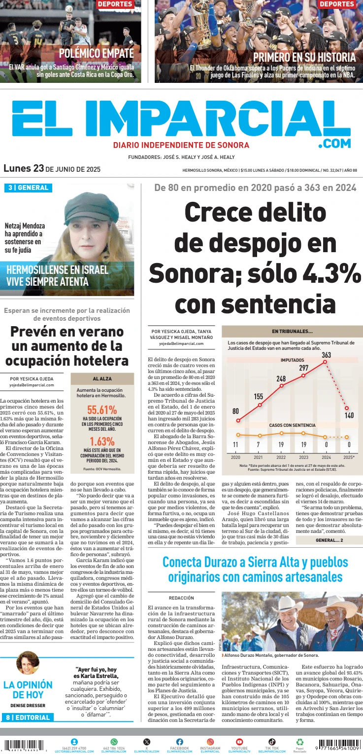 Portada de El Imparcial del lunes, 23 de junio de 2025