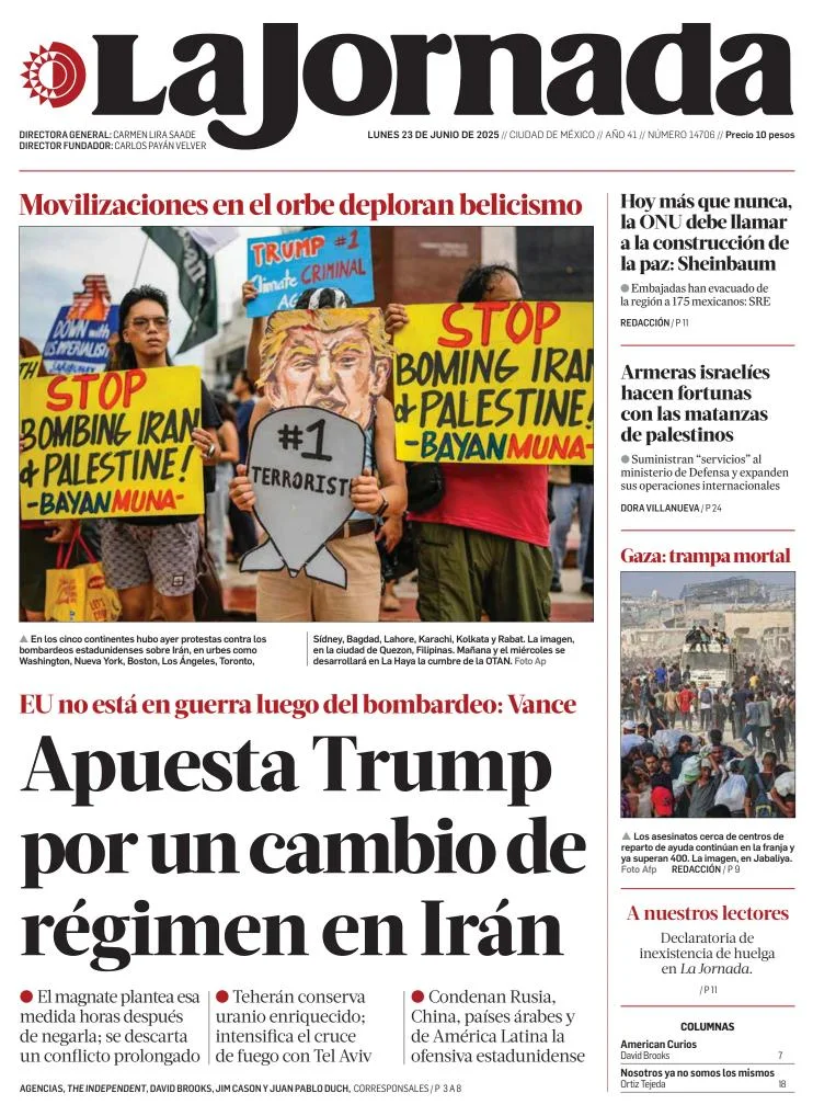 Portada de La Jornada del lunes, 23 de junio de 2025
