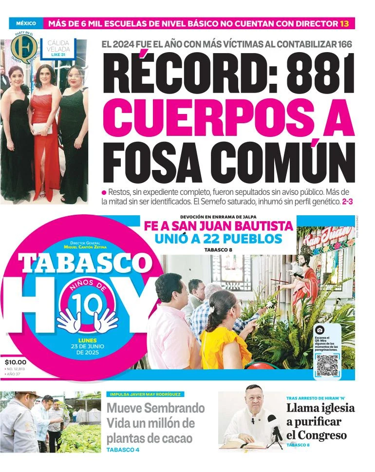 Portada de Tabasco Hoy del lunes, 23 de junio de 2025