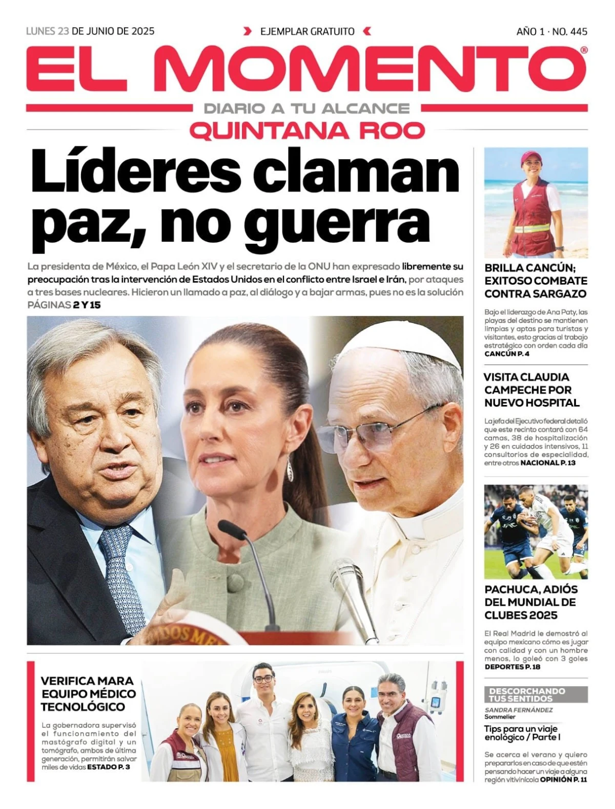 Portada de El Momento Quintana Roo del lunes, 23 de junio de 2025