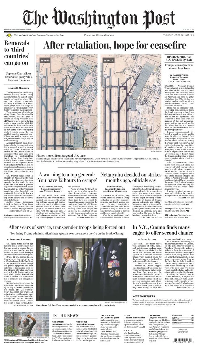 Portada de The Washington Post del martes, 24 de junio de 2025