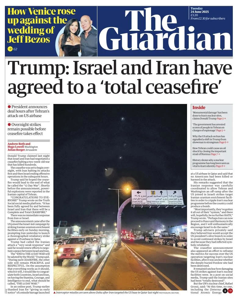 Portada de The Guardian (reino Unido) del martes, 24 de junio de 2025