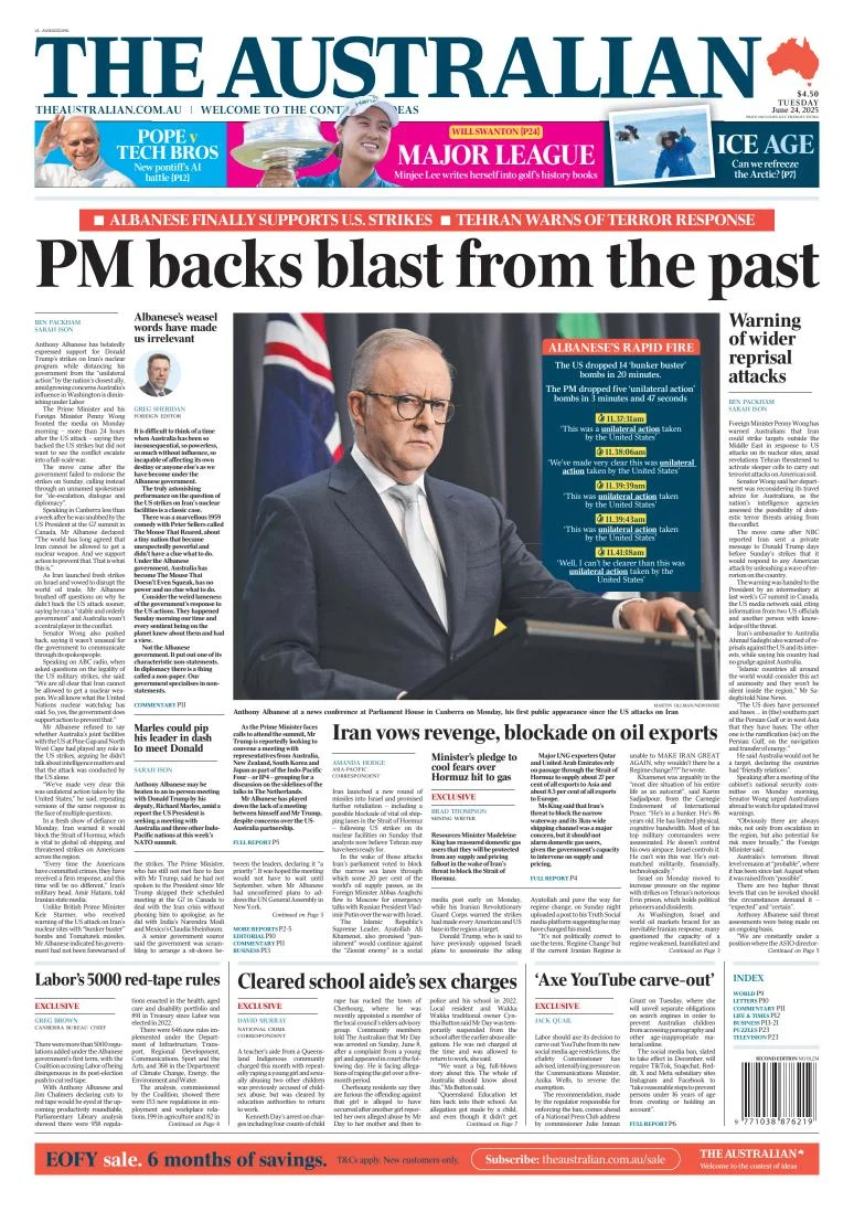 Portada de The Australian del martes, 24 de junio de 2025