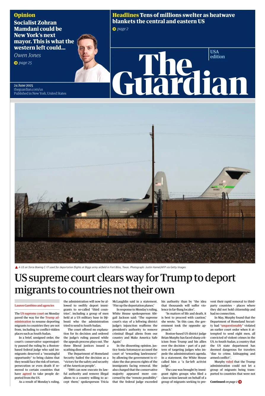 Portada de The Guardian (usa) del martes, 24 de junio de 2025