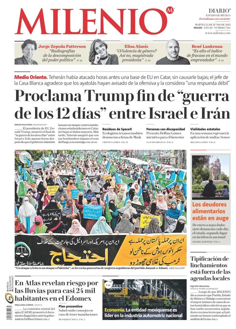 Portada de Milenio Edo de Mexico del martes, 24 de junio de 2025