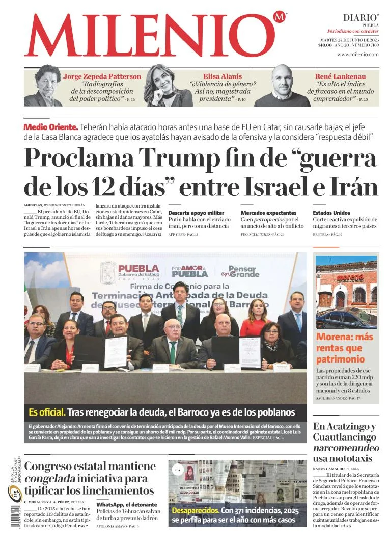 Portada de Milenio Puebla del martes, 24 de junio de 2025