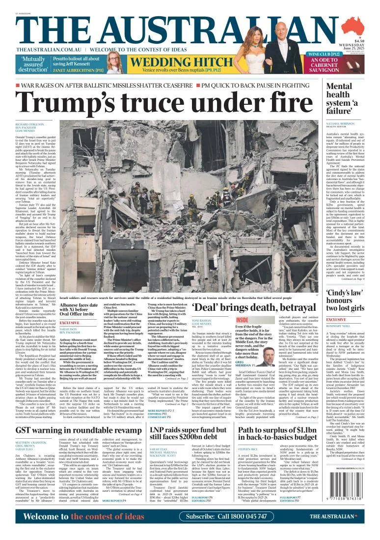 Portada de The Australian del miércoles, 25 de junio de 2025