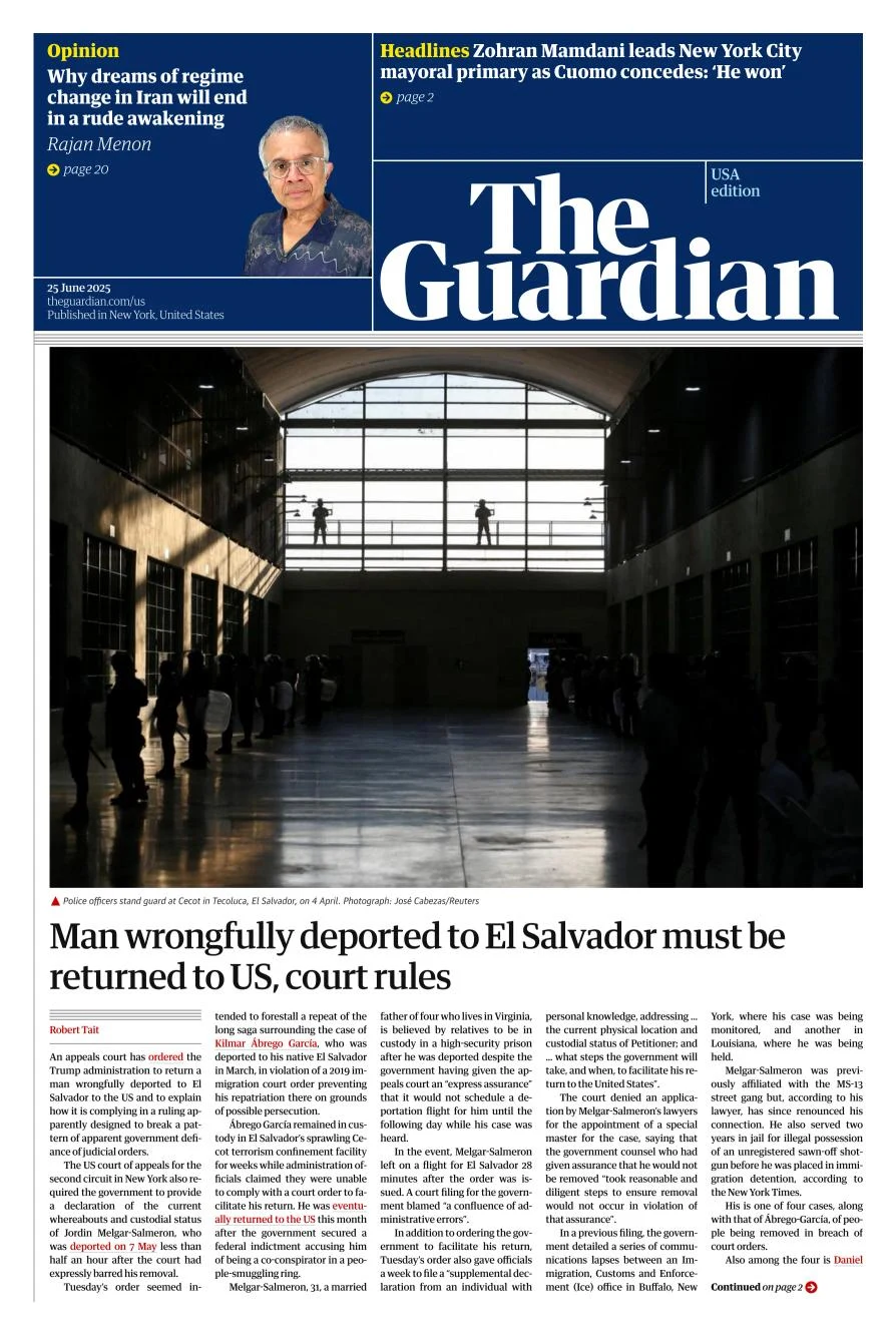 Portada de The Guardian (usa) del miércoles, 25 de junio de 2025