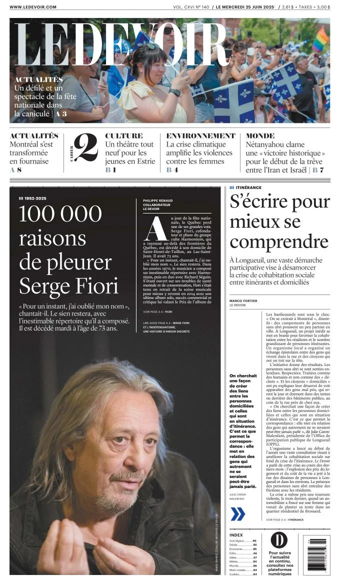 Portada de Le Devoir del miércoles, 25 de junio de 2025
