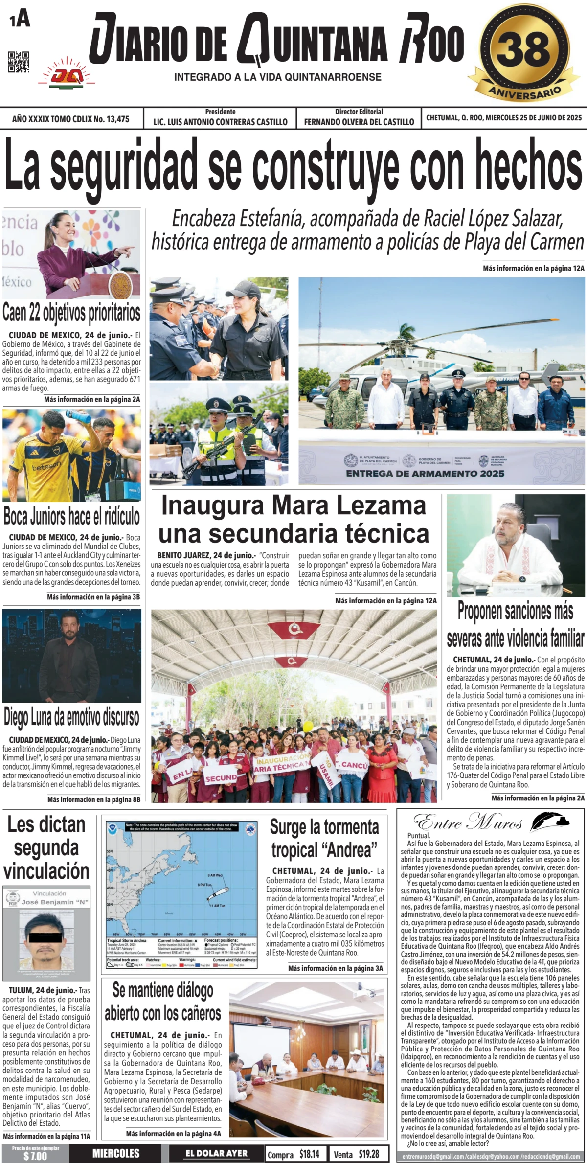 Portada de Diario de Quintana Roo (portada) del miércoles, 25 de junio de 2025