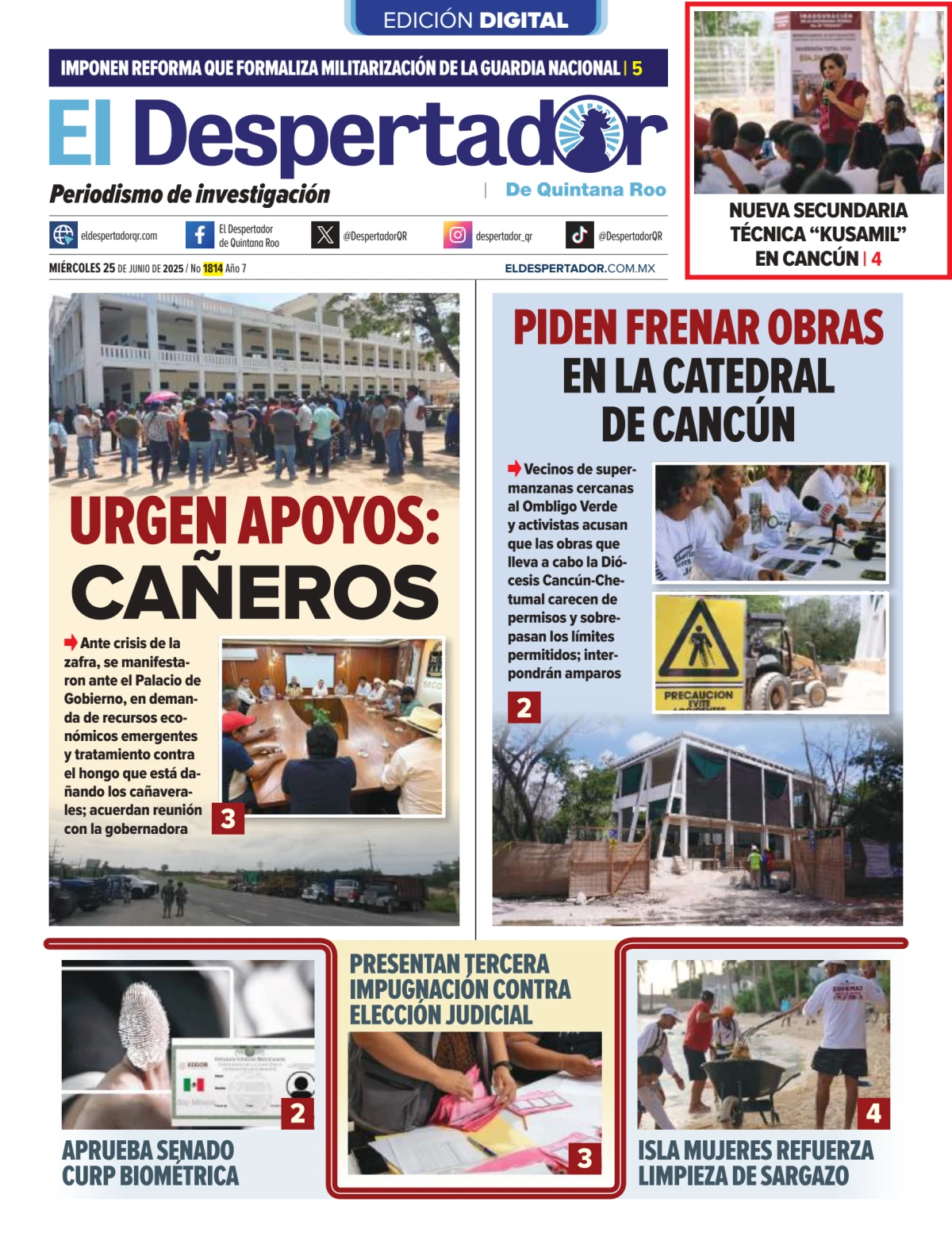 Portada de El Despertador de Quintana Roo del miércoles, 25 de junio de 2025