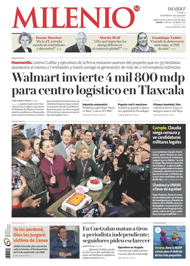 Portada de Milenio Puebla del miércoles, 25 de junio de 2025