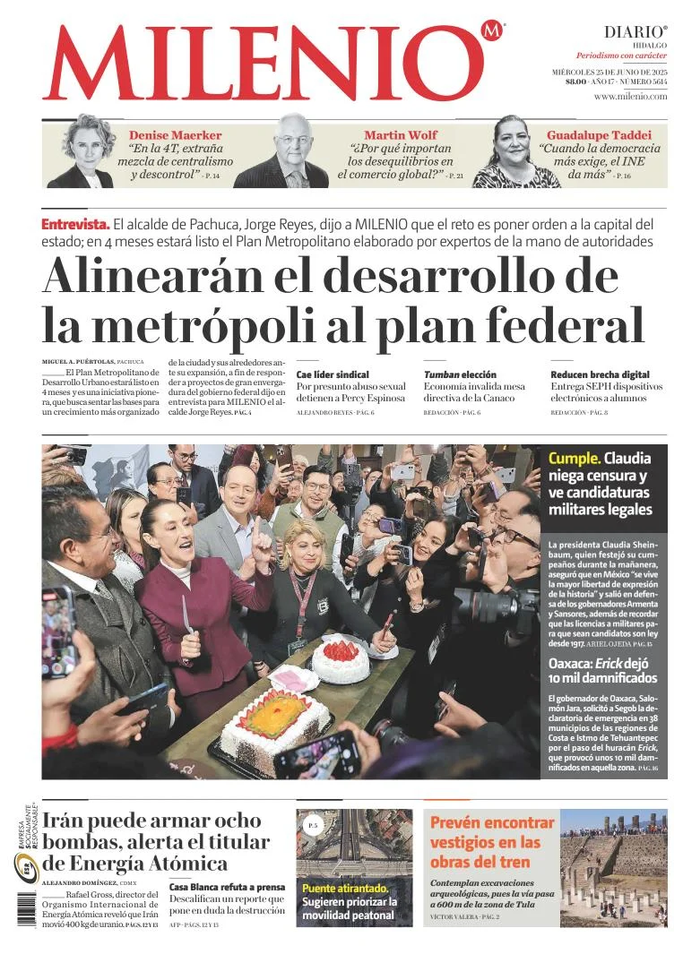 Portada de Milenio Hidalgo del miércoles, 25 de junio de 2025