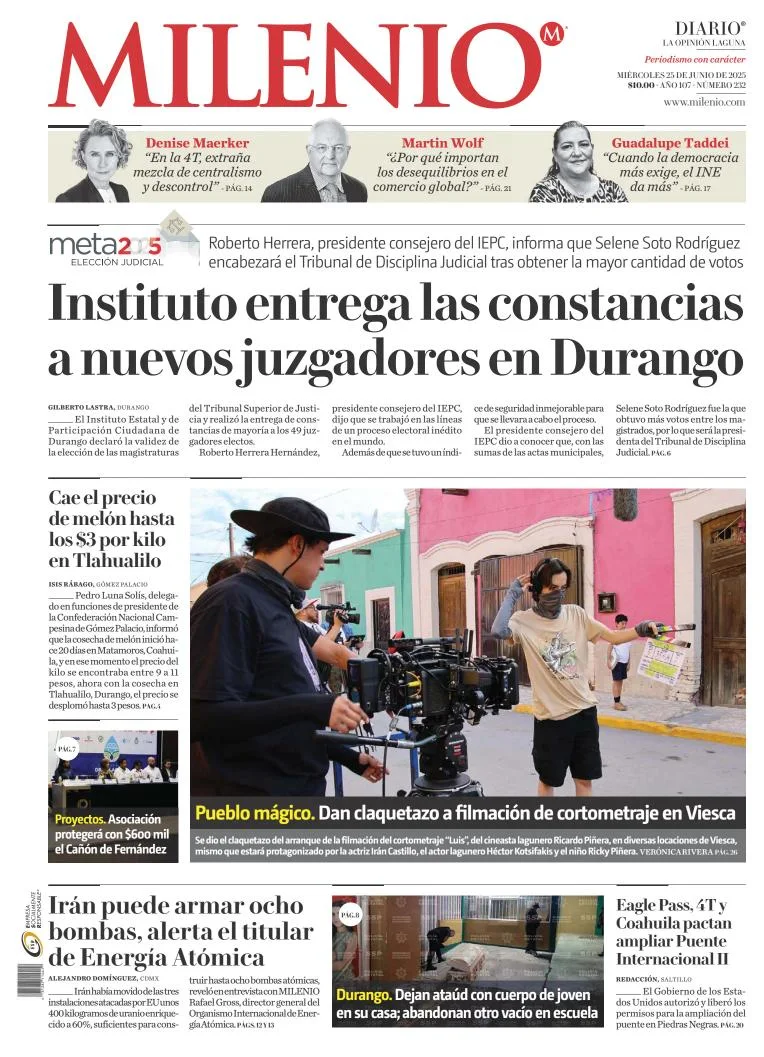 Portada de Milenio Laguna del miércoles, 25 de junio de 2025