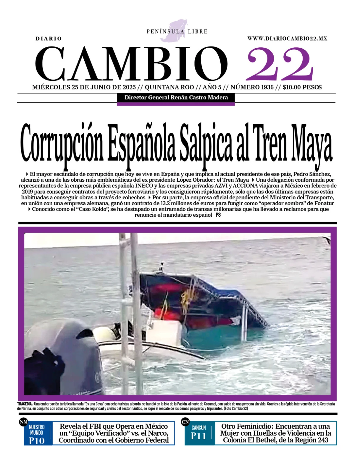 Portada de Diario Cambio 22 del 2025-06-25
