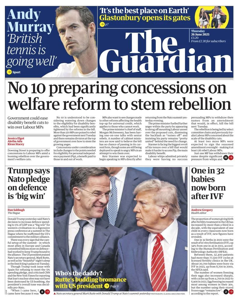 Portada de The Guardian (reino Unido) del jueves, 26 de junio de 2025