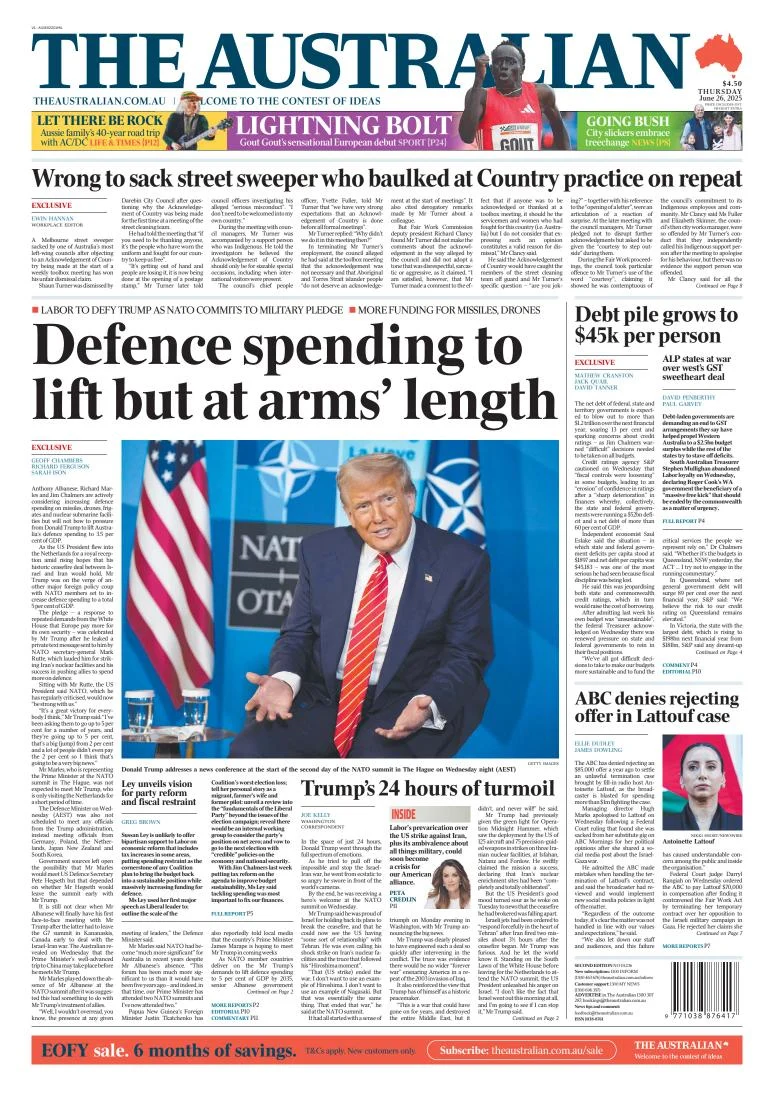 Portada de The Australian del jueves, 26 de junio de 2025