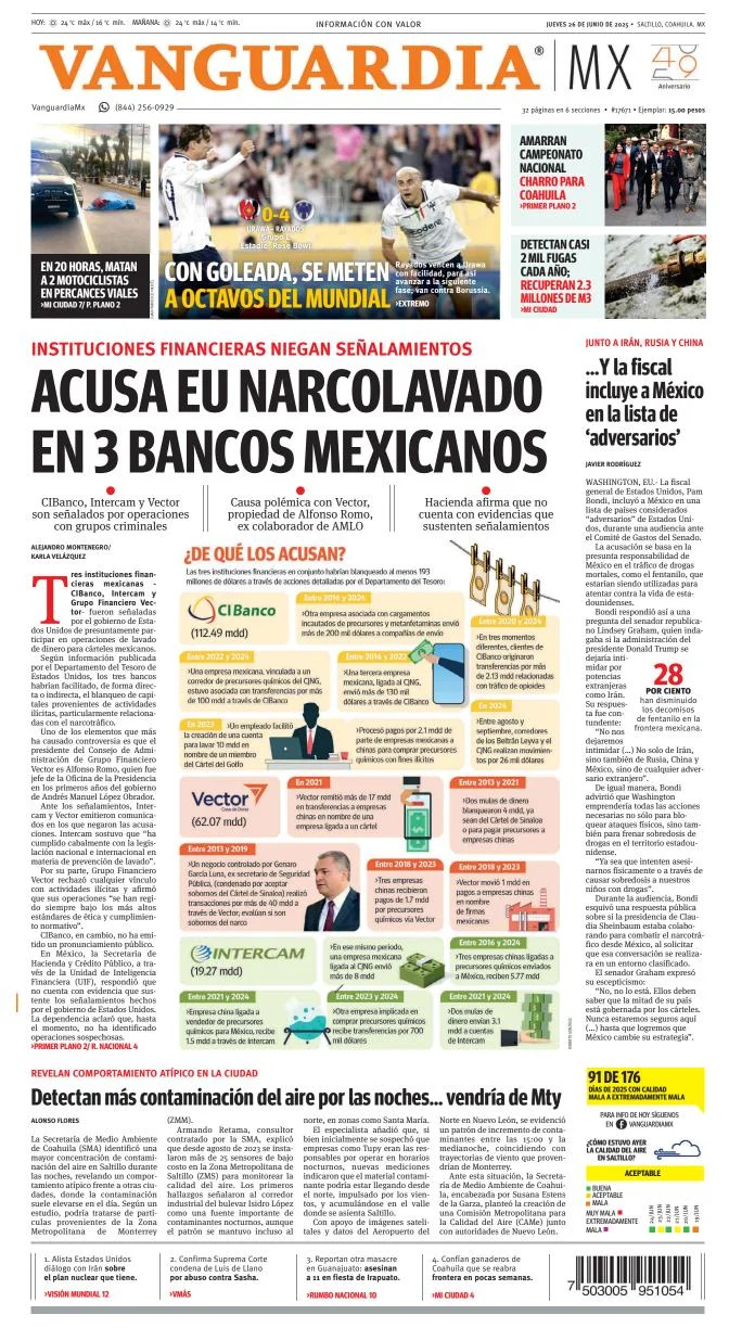 Portada de Vanguardia del jueves, 26 de junio de 2025